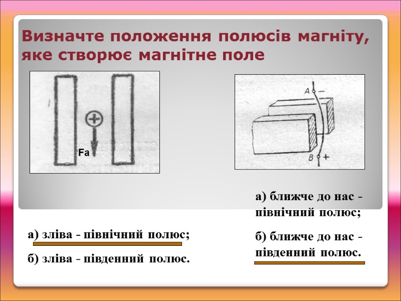 Визначте положення полюсів магніту, яке створює магнітне поле а) зліва - північний полюс; б)